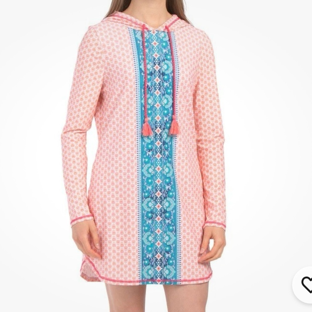 AQUA ET SOL Beach Coverup Dress Blue Orange Print Hooded Hoodie UPF 50+ Sz S‎